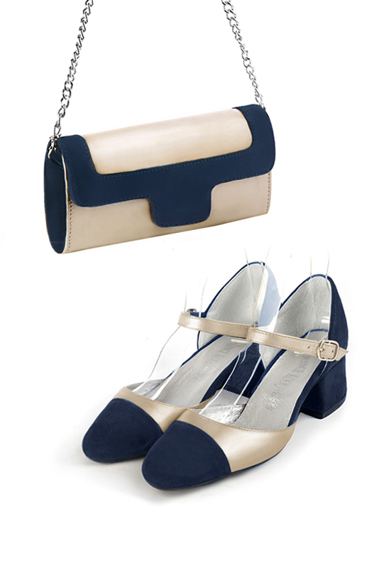 Dress clutch for wedding and parties in gold and navy blue leather - Worn view